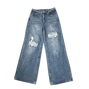 Shein Wide Legged Blue Jeans Womens Size 6 Distressed High Waisted 30" Inseam - Picture 1 of 9