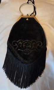 Vintage Velvet Black Fringe Purse Handbag Gilded Age Vibe - Picture 1 of 5