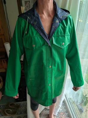 Vintage Women's Strawberry Raincoat Coat Size Large Green Blue 70s 80s - Image 1 of 4