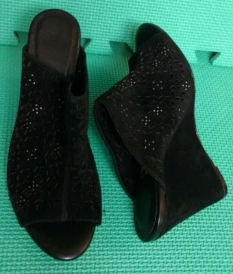 Joie Perforated Peep Toe Mules Wedges Sandals Heels Black Suede EU 37.5 / US 6.5 - Image 1 of 4