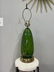 Vtg MCM Murano Style Controlled Bubble Green Glass Table Lamp Brass Base *Read*