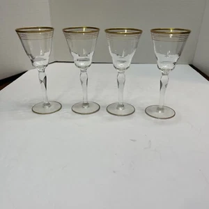 Blown Glass Cordial Glasses 5 3/4 " Tall Holds 2.5 Ounces Gold Trim Set of 4 - Picture 1 of 10