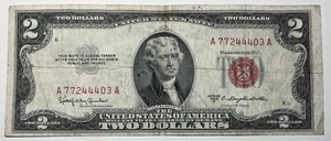 1953 C Series $2 Two Dollar Bill Red Seal Fed Reserve Note #A 77244403 A - Picture 1 of 6