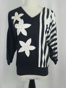 De Colección Años 80 Lilly Of California Negro Blanco Gráfico Murciélago Mangas de Ala Camiseta Prenda para el torso M - Imagen 1 de 9