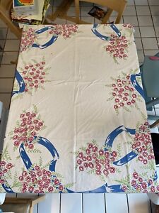 Vintage Printed Tablecloth White Linen w/pretty red flowers & blue ribbon As Is