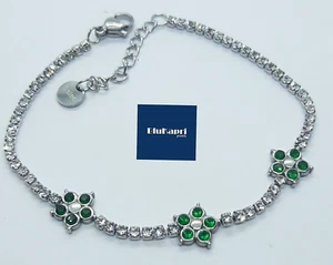 Bracciale donna in acciaio tennis ALTERNATO con zirconi bianchi fiori verde - Foto 1 di 8