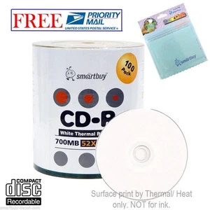 100 discos imprimibles térmicamente blancos Smartbuy 52X CD-R 700 MB + paño de microfibra GRATIS - Imagen 1 de 5