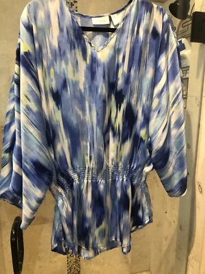 CHICO'S Kimono Blue  White Green  Cover Peplum TOP BLOUSE SIZE 1 - Image 1 of 4