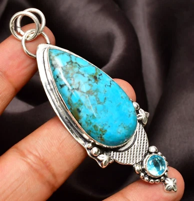 Ciondolo pietra preziosa turchese argento sterling 925 ciondolo gioiello fatt... - Immagine 1 di 4