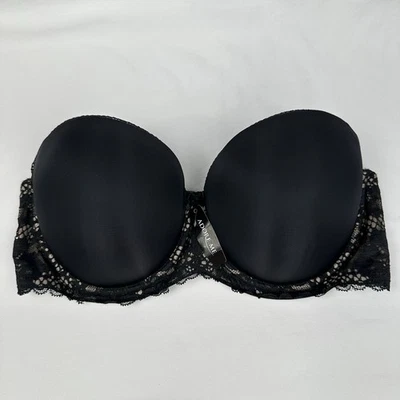 Adore Me Strapless Balconette Bra Size 38DD Strapless Floral Lace Push Up Black - Image 1 of 4