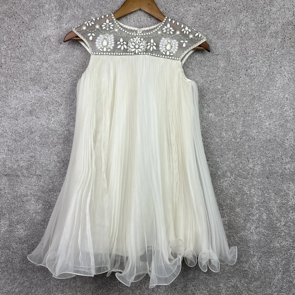 Vestido Neiman Marcus X Marchesa Blanco Crema Cuentas Plisado Flor Niña Grande Foto 1 de 4