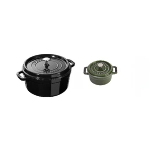 STAUB 2 STÜCK: GUSSEISEN 24 CM SCHWARZ GLÄNZEND + 10 CM BASILIKUM GRÜN COCOTTE - Bild 1 von 5
