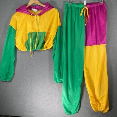 Conjunto de calças com capuz UO amarelo verde rosa colorblock malha cropped com zíper G - Imagem 1 de 4