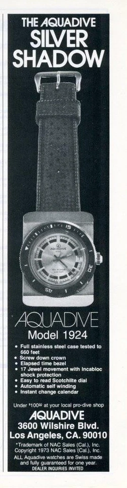Reloj Aquadive 1975 impreso anuncio de buceo modelo 1924 plateado sombra Foto 1 de 1