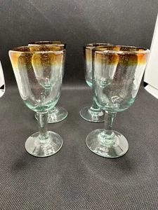 Set Of 4 Mexican Hand Blown Wine Glasses Amber Brown Rim 5.5” Tall Goblet - Picture 1 of 6