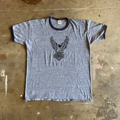 70s VINTAGE HARLEY DAVIDSON EAGLE RINGER T-SHIRT SZ L MOTORCYCLE CLUB BIKER GANG - Image 1 of 4