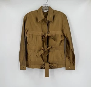 Samuel Dong Dons Collection Womens Gold Raw Silk Bow Front Tie Button Top Sz M - Picture 1 of 4