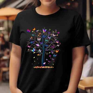 Plus size fashion casual Colorful Butterfly Tree T-shirt Women Clothing - Picture 1 of 12