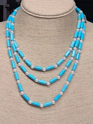 Park Lane Tide 3 Strand Necklace Turquoise Stone Pearls & Silver Retail $188 - Image 1 of 2