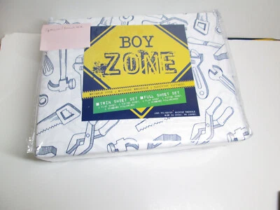 New Boy Zone Full Sheet Set TOOLS Navy and White ~ Wrinkle Free , Superior Soft - Image 1 of 4
