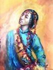 Femme originale peinture à l'huile femme au Tibet costume national petit portrait art
