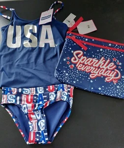 NWT Justice Girls USA Tankini Swimsuit with Bikini Bag Red White Blue Size 10 - Picture 1 of 1
