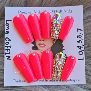 Handmade Press On Nails,Summer Pink Nails,Large Size 0,4,3,5,7, Long Coffin - Picture 1 of 9