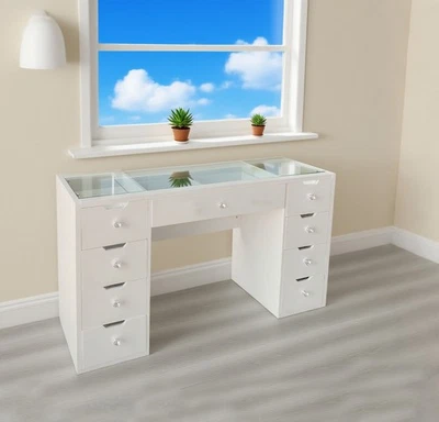 Modern White Makeup Vanity Table with Glass Top with 9 Drawers – TL-DS12N - image 1 of 4