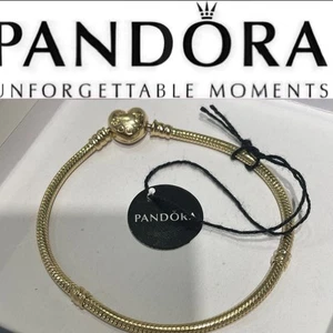 Authentic 14K Gold Pandora Moments Heart Clasp Snake Chain Bracelet Size 7.1 - Picture 1 of 12