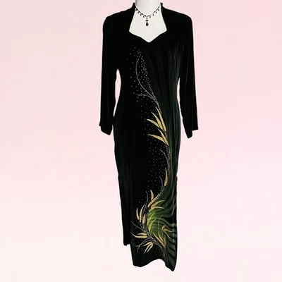 vestido maxi veludo preto caprichoso gótico glam formal ouro Y2K metálico M bruxa vampira - Imagem 1 de 4