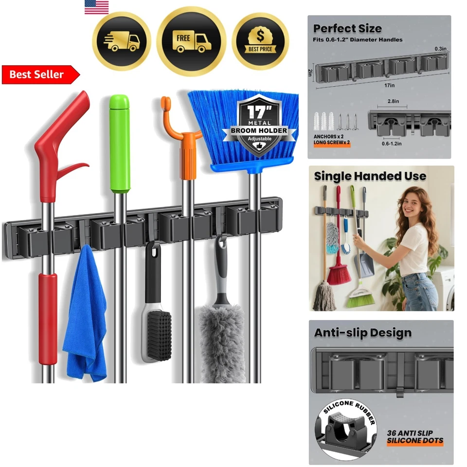 Soporte organizador de escoba de montaje en pared ganchos de almacenamiento para cocina jardín lavandería Foto 1 de 4