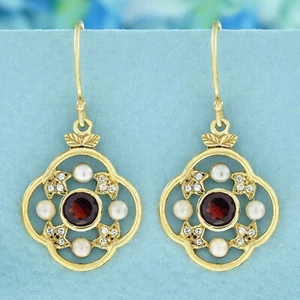9K Yellow Gold Natural Garnet Pearl Diamond Floral Earrings - Picture 1 of 6
