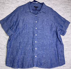 Lands' End Camp Shirt Women's 2X 20W-22W  Blue Short Sleeve 100% Linen Button Up
