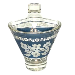 Plato de caramelo de vidrio vintage mesa de entrada cuenco madera de cuña azul blanco flores - Imagen 1 de 10