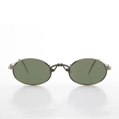 Gunmetal Small Oval Steampunk Metal Vintage 90s Sunglass Green Lens - Leon - Image 1 of 3