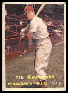 1957 Topps #27 Ted Kazanski Philadelphia Phillies bajo grado - Imagen 1 de 2
