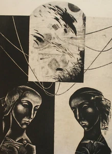 VINTAGE ABSTRACT SURREALIST MODERNIST PORTRAIT PRINT - Picture 1 of 12