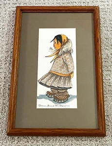 Joan Arend Kickbush Print Alaskan Inuit Girl Watercolor Scarf Boots Vintage - Picture 1 of 11