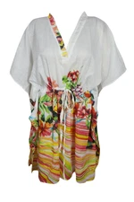 White Floral Short Caftan V-neckline Kimono Sleeves Cotton Beach Cover Up Dress 