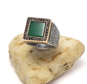 wunderbarer Herrenring grüner Stein Zirkonia Siegel Ring eckig 925 Silber Gr.62 - Bild 1 von 7