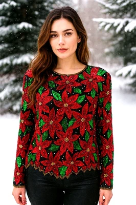 NUEVO CON ETIQUETAS Laurence Kazar Nueva York De Colección Seda Poinsettia Lentejuelas Cuentas Top Mangas Largas XL Foto 1 de 4