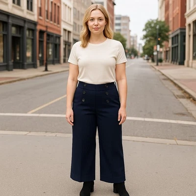 "Pantalones Talbots 16P Petite Sailor Botón Pierna Ancha Índigo Profundo Azul Marino 28.5"" Entrepierna" Foto 1 de 4