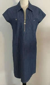 New Anne Klein Chambray Dress Womens 4 Blue 1/4 Zip Collared Dark Wash Stretch - Picture 1 of 12