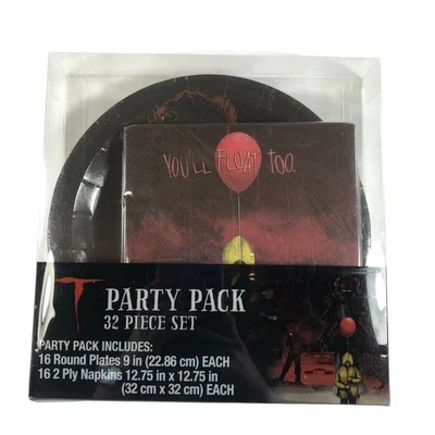 It Pennywise 32 Piece Party Pack Paper Plates Napkins Clown Horror Movie NEW - Image 1 of 4