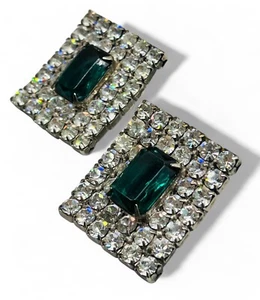 Vintage alte Hollywood High End grüne & klare Glas Strass Clip Ohrringe - Bild 1 von 7