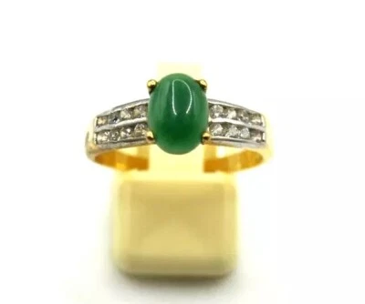 Women Elegant Green Jade Ring CZ Diamonds in Gold-Plated Sterling Silver Size 8 - Image 1 of 4