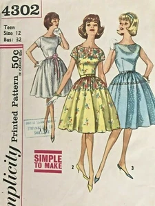 De colección 1960 Simplicity Teens Vestido Patrón 4302 Talla 12 - Imagen 1 de 2