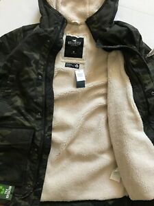 NWT Hollister by Abercrombie Men Sherpa Lined Military Jacket Hoodie Camo  S M L