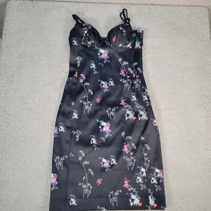 H&M Bodycon Multicolor Flower Dress Women's Size 4 Black Silky Smooth - Picture 1 of 9