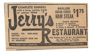 Anuncio de periódico Jerry’s Restaurant 1953-Miami FL-Americana-Ham Steak-Anuncio de colección - Imagen 1 de 2